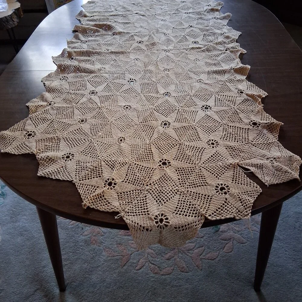 Hand Crocheted Ivory Table Runner • Beige Star Motif • Silk Thread Lace • 64